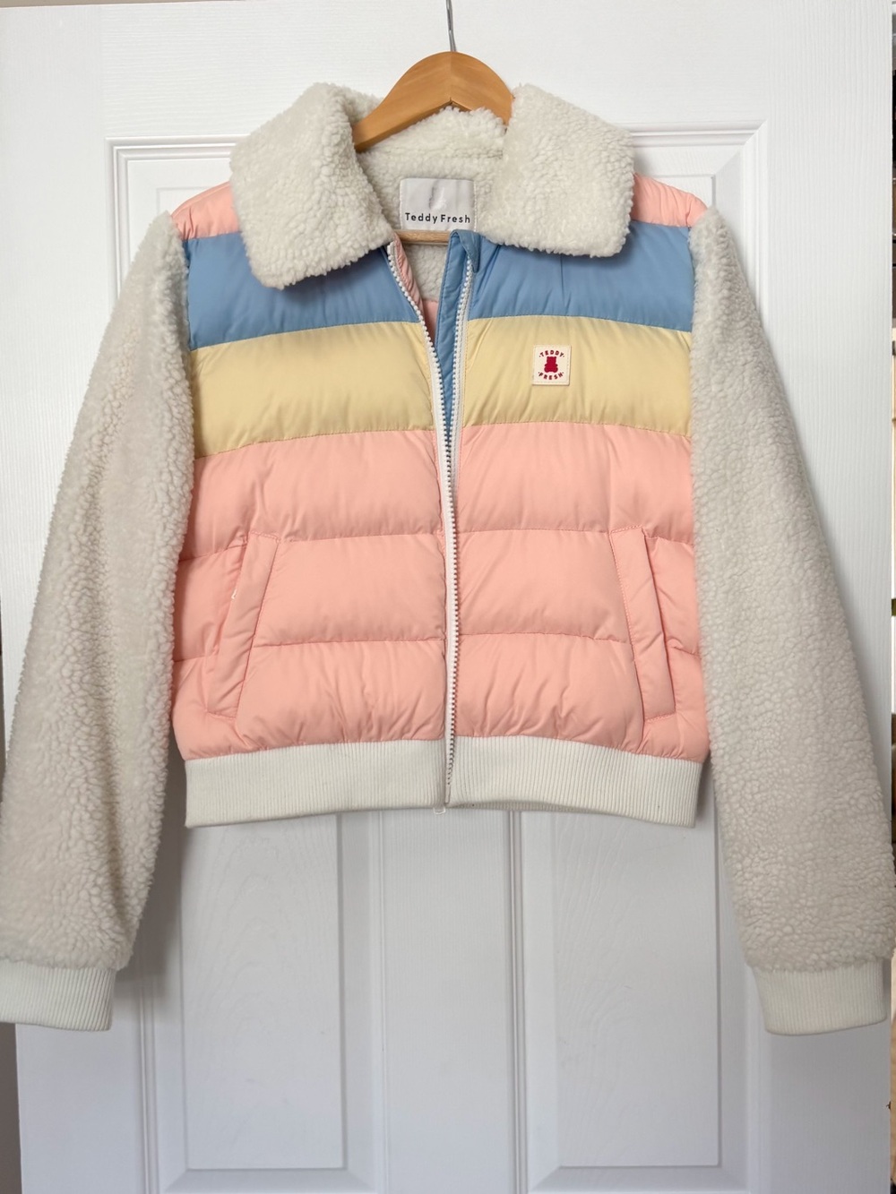 Teddy Fresh Pastel Sherpa-Trim Puffer Jacket - Pink/Blue/Yellow